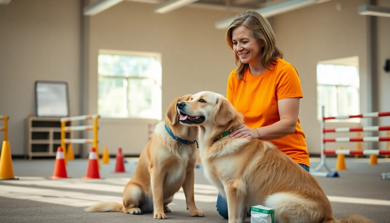 service dog trainer guiding a golden retriever in a training facility with enthusiasm.