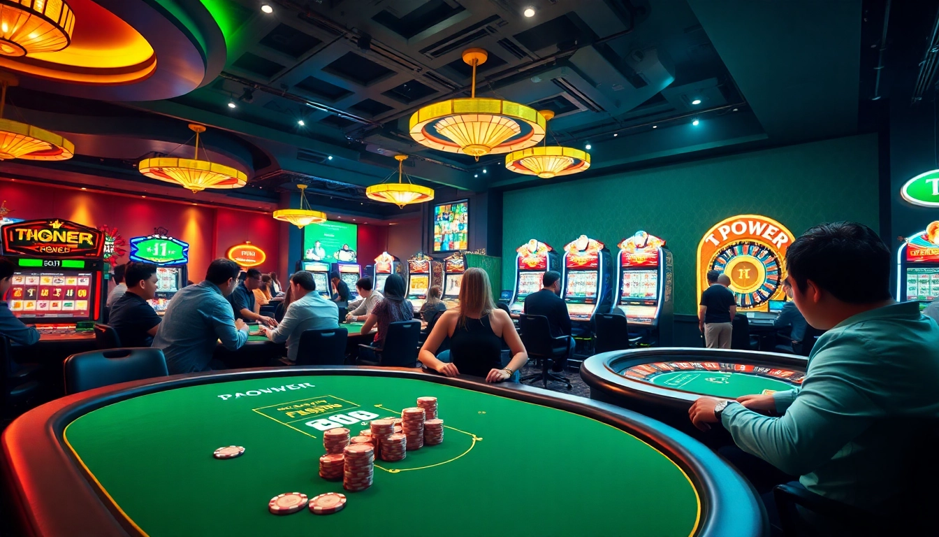 Experience excitement at TPower casino with players at a vibrant poker table amidst glowing slot machines.