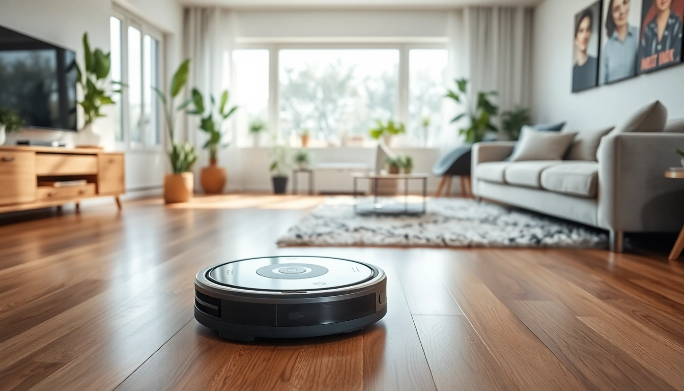 Robot vacuum and mop cleaning a stylish living room, showcasing efficiency and modern design.