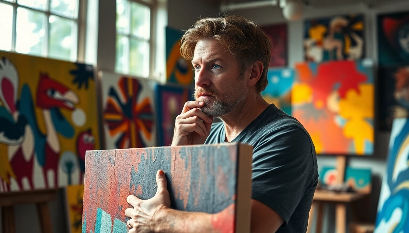 Speck Mellencamp creating art in a color-rich studio filled with vibrant paintings.