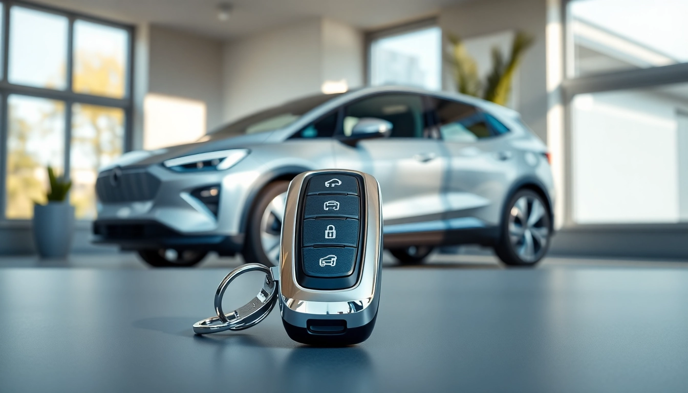 Showcase Keys for electric cars with a sleek key fob on a modern table in a well-lit setting.