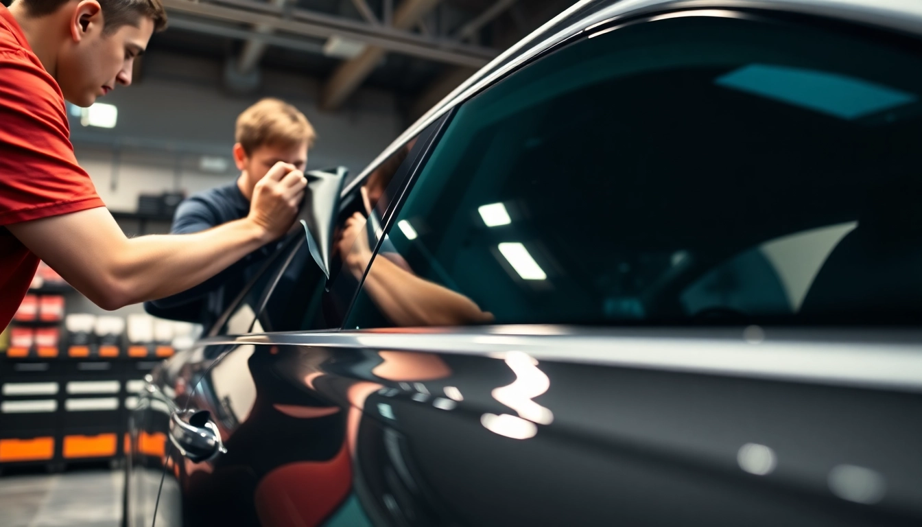 Enhancing car window tinting with a technician applying high-quality film in a modern garage.
