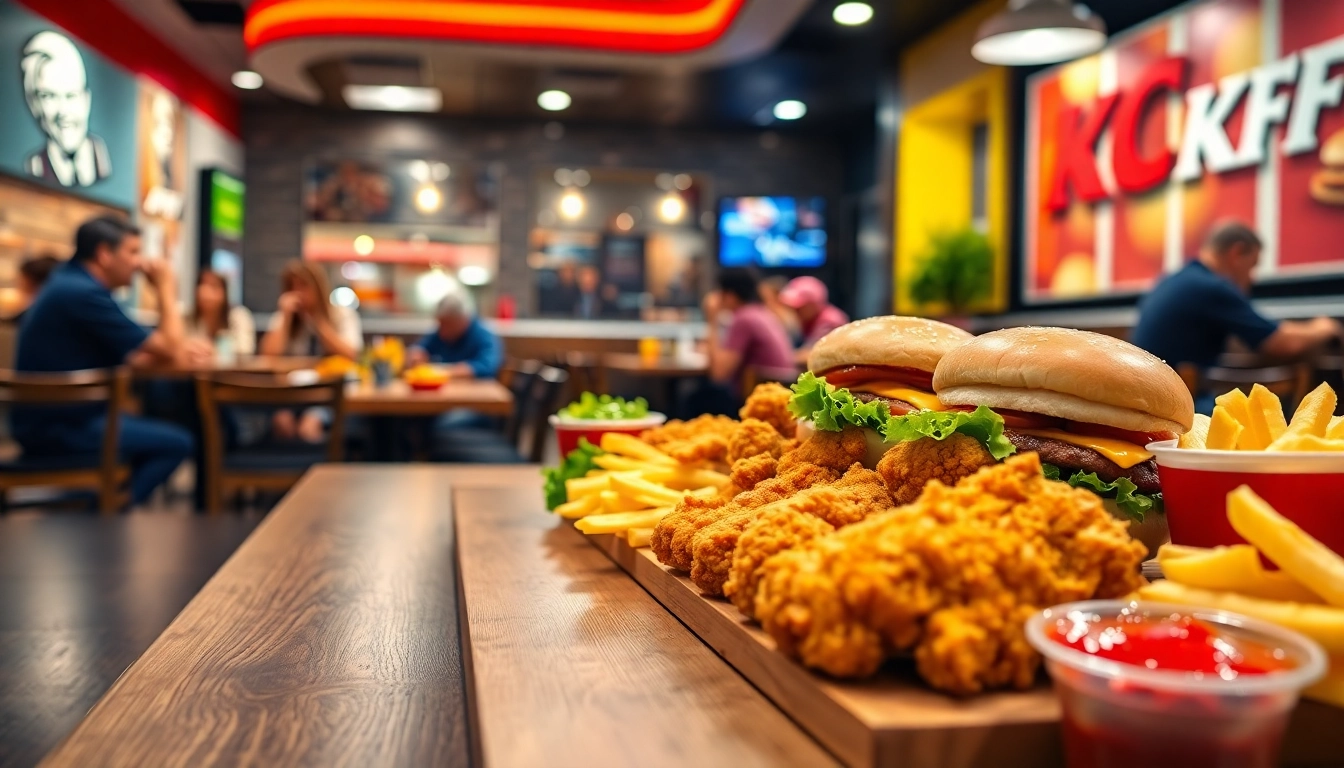 KFC menu South Africa featuring crispy fried chicken and tasty burgers in a lively restaurant setting.