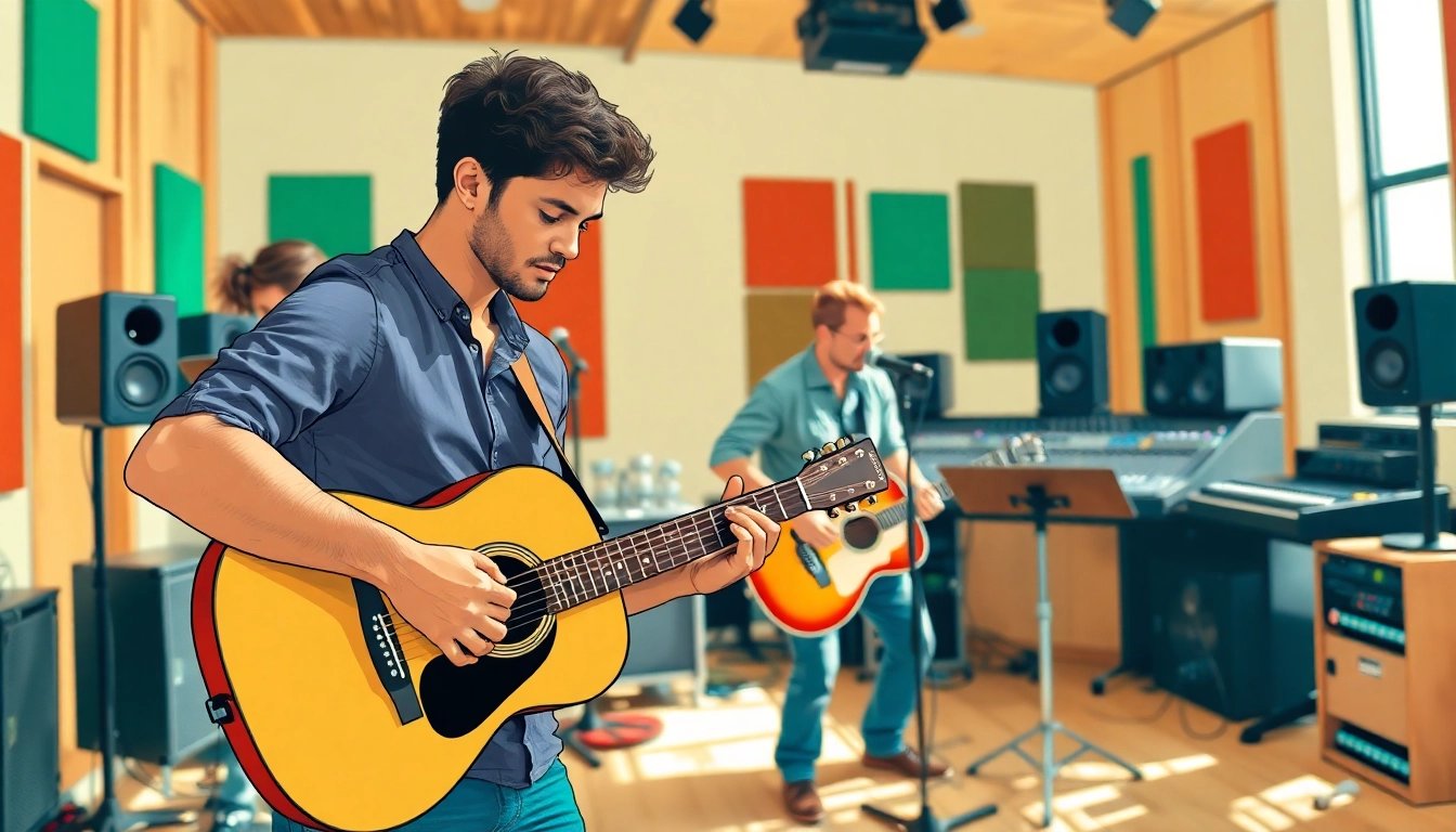 Engaging scene of musicians utilizing music promotion services in a vibrant studio environment.