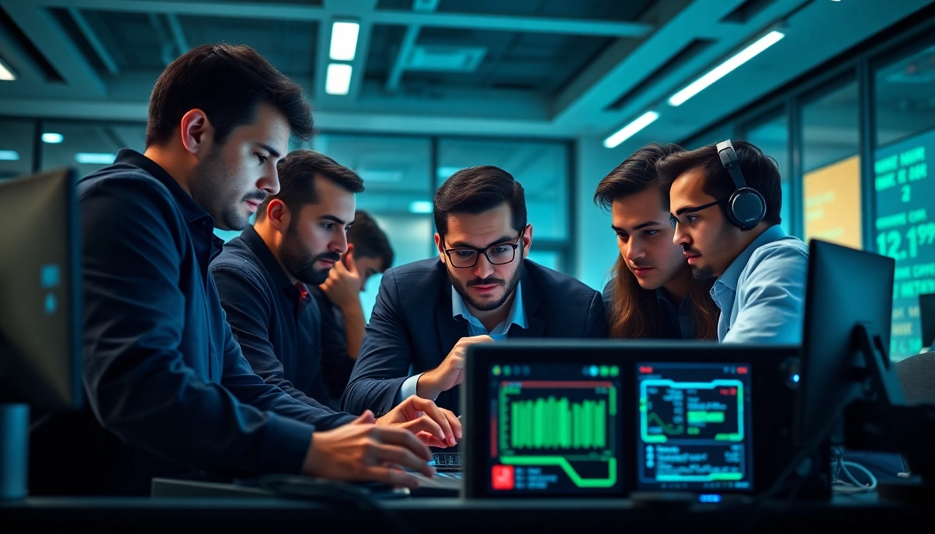 Impression von red teaming mit einem Team von Cybersecurity-Experten, das an digitalen Geräten arbeitet.