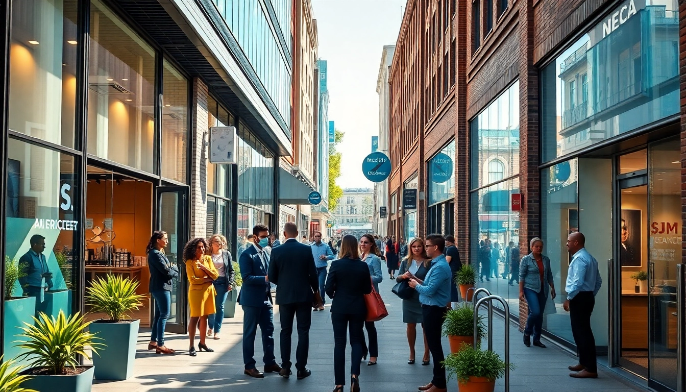 Visuel dynamique de location de bureaux et commerces apportant un cadre professionnel et attractif.