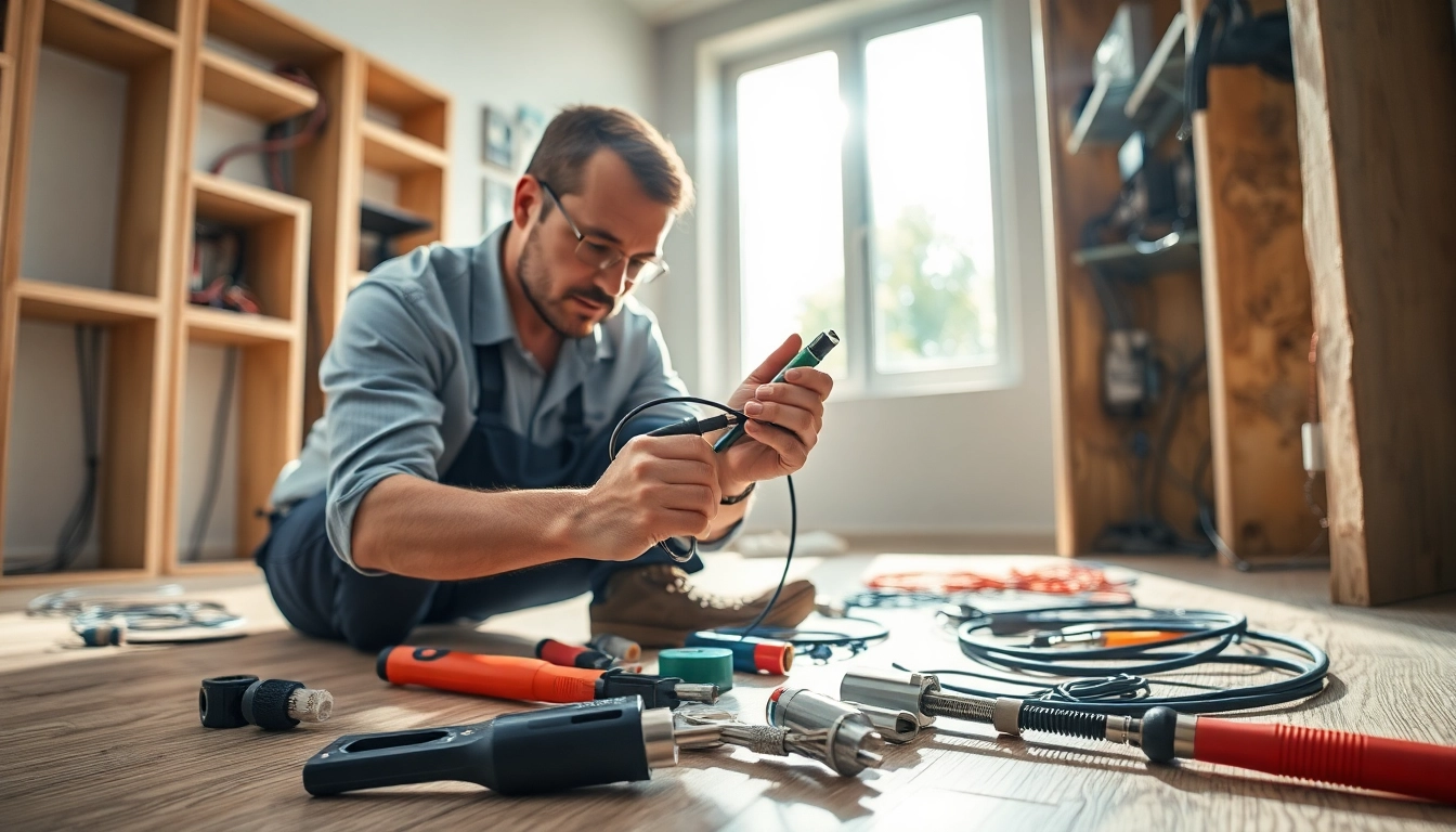 Electrician handling whole house rewiring process, showcasing skilled workmanship and electrical systems.