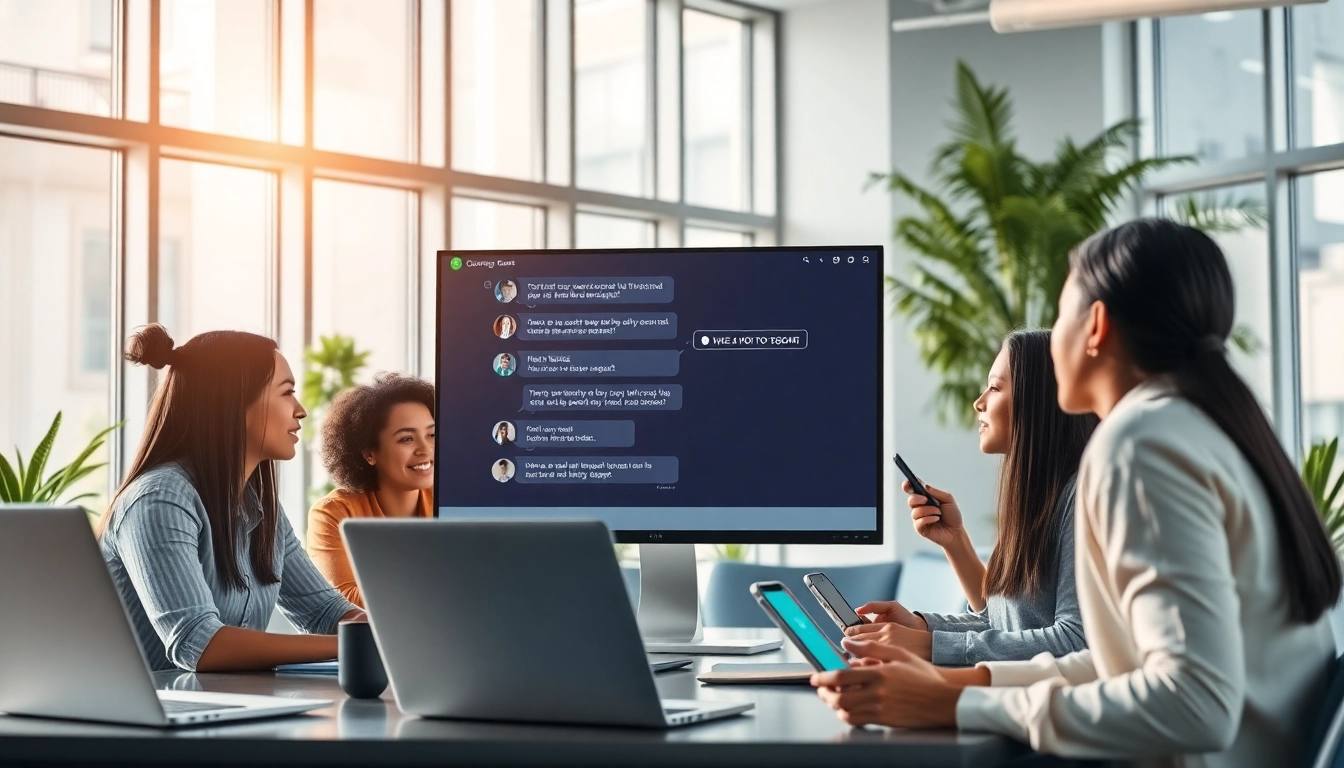 Engaging AI chat bot assisting users in a modern office environment.