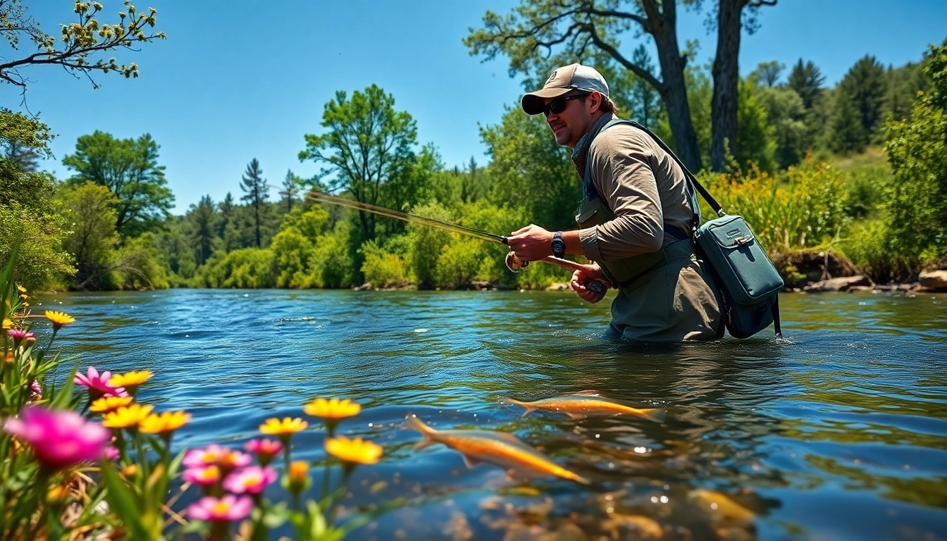 Angler skillfully using a fly fishing kit while casting in a scenic river.