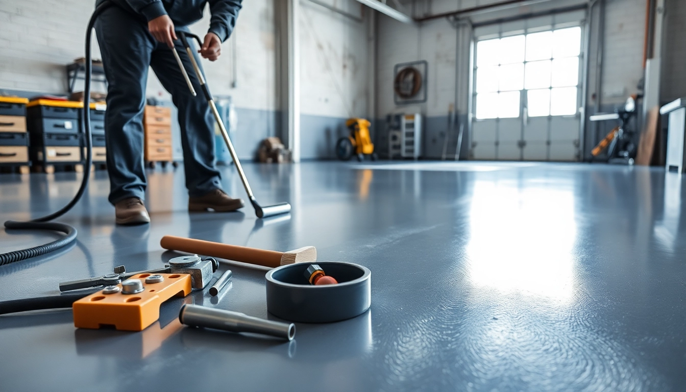 Enhancing durability with poly floor coating Twin Cities installation by a professional technician on a workshop floor.