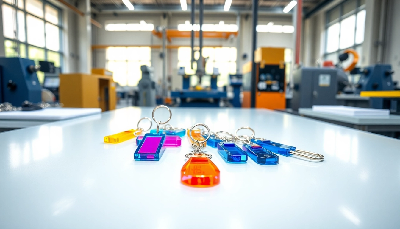 Custom acrylic keychain manufacturer showcasing vibrant designs in a bright workspace.