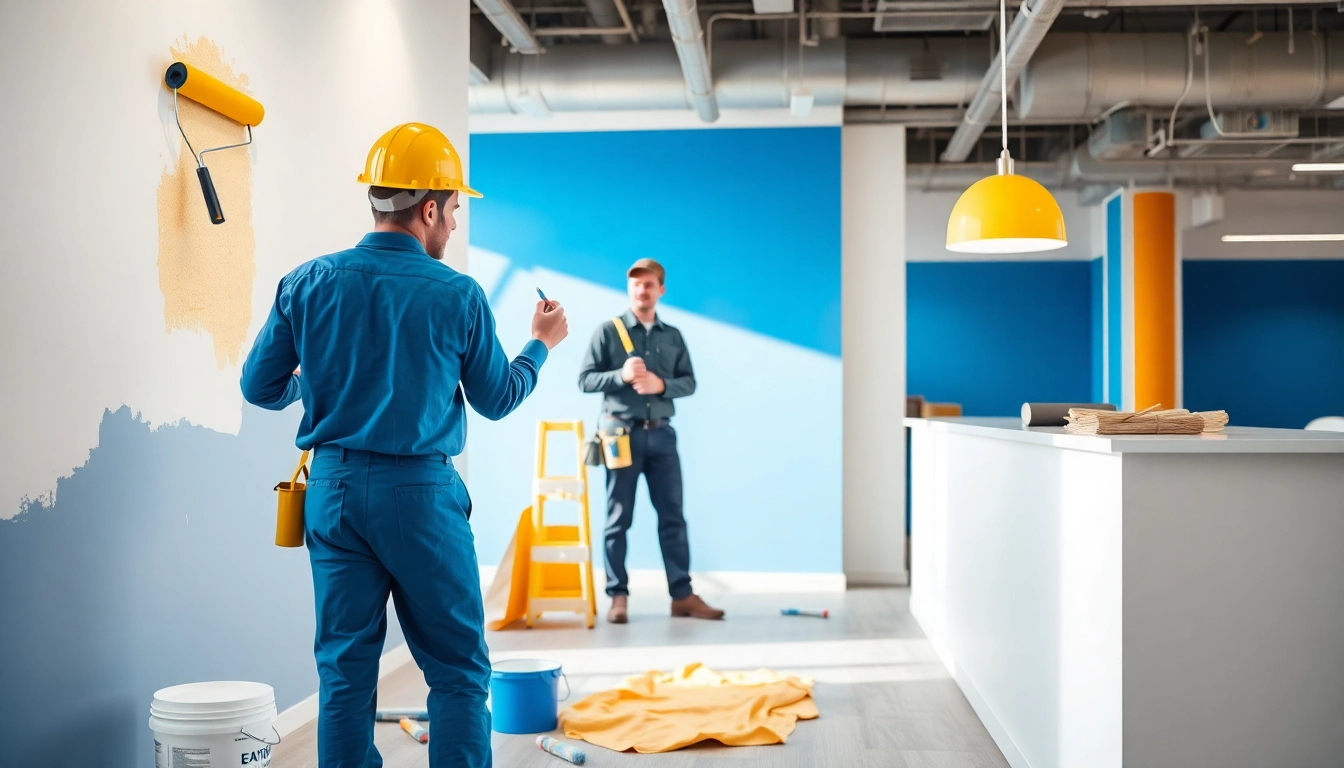 Commercial painting contractors transforming an office space with precision and vibrant colors.