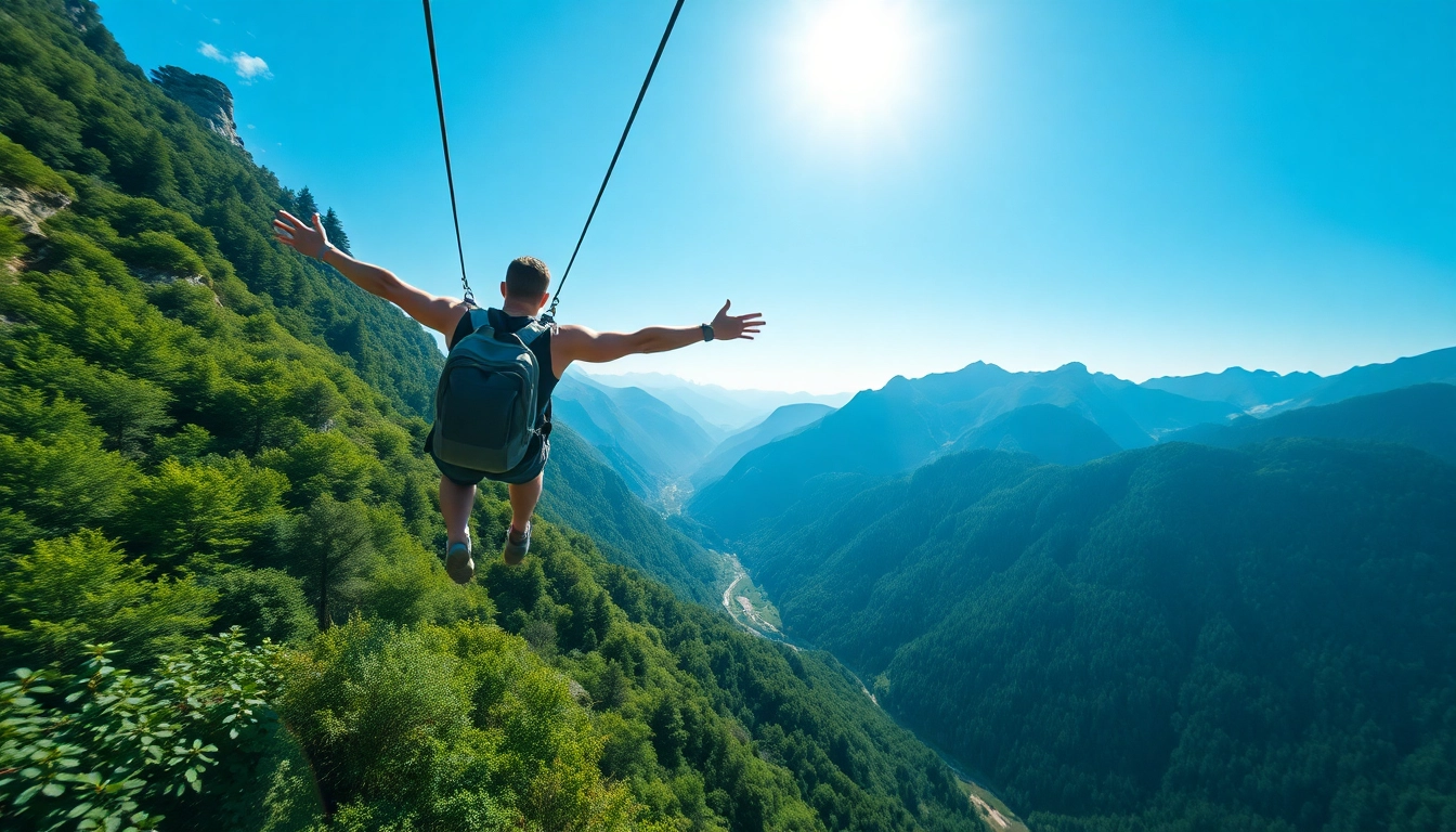 Bovec zipline rider enjoying a thrilling experience above lush green valleys.