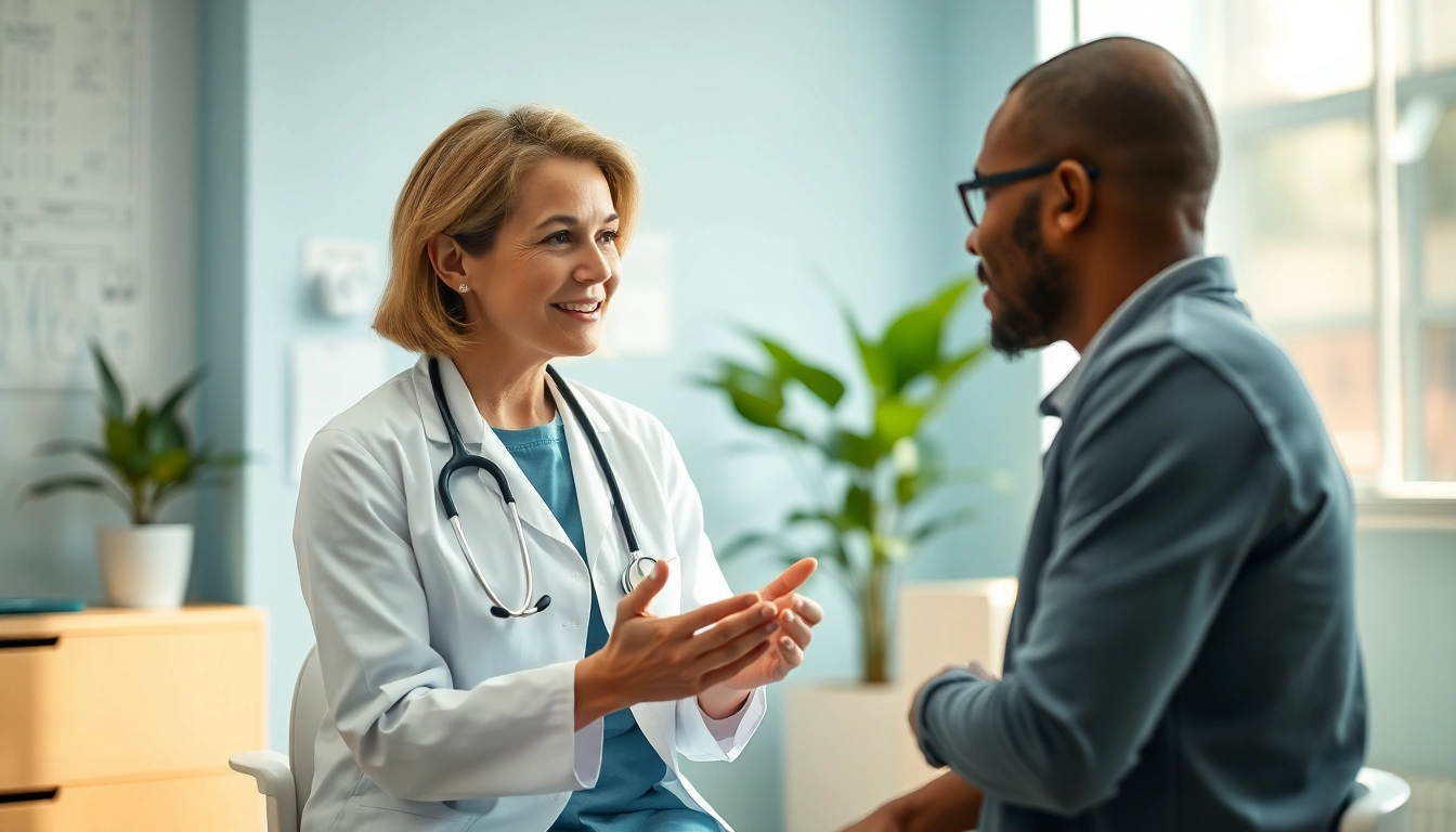 Engaging primary care physician las vegas consulting with a diverse patient in a modern clinic.