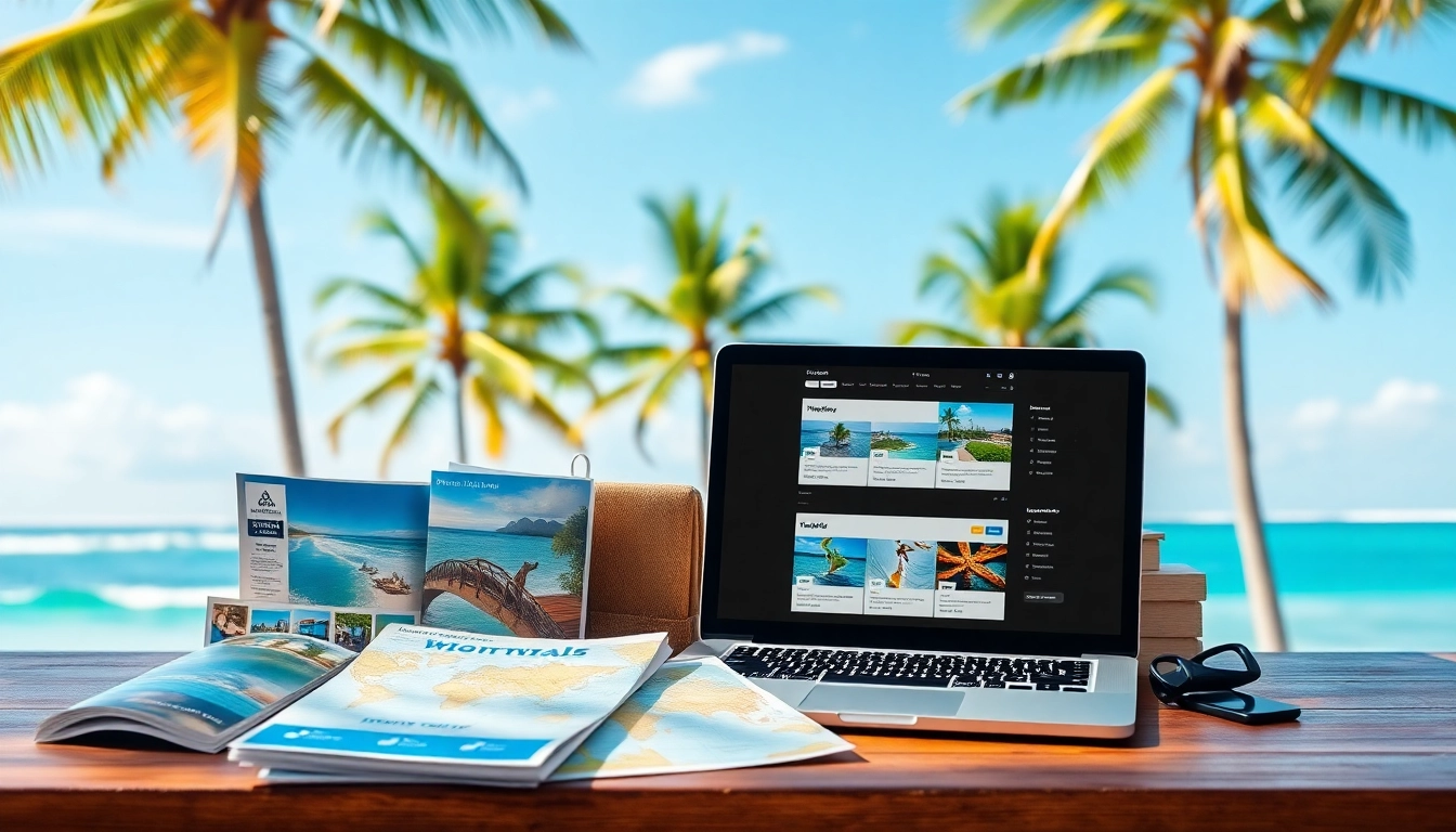 Discover unique travel packages with enticing brochures and maps on a sunlit table.