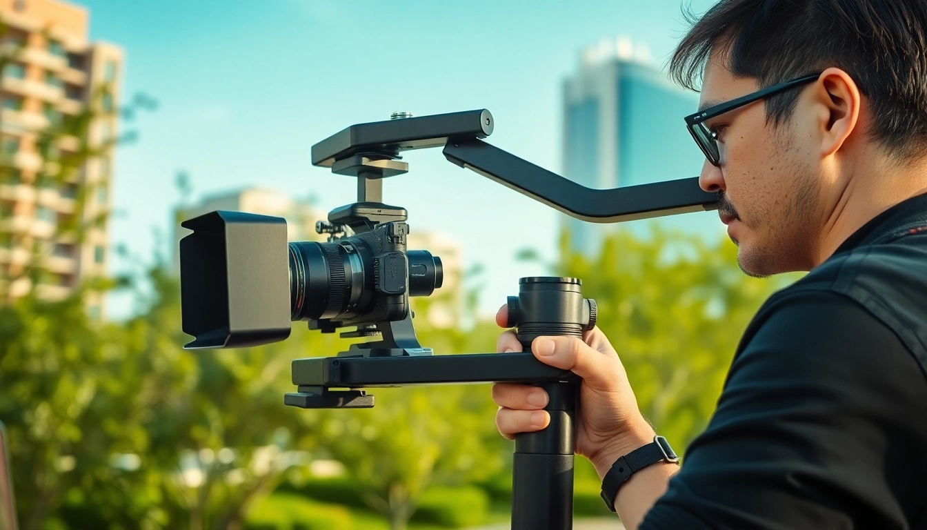 Videographer using a Camera Stabilizer while capturing smooth footage in an urban outdoor setting.