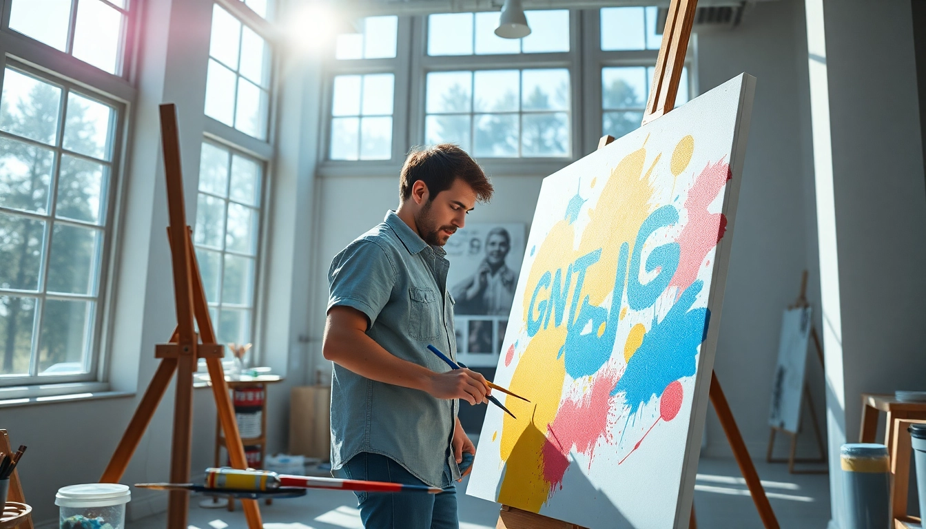 Canvas beschilderd door een kunstenaar in een sfeervolle studio vol kleur en creativiteit.