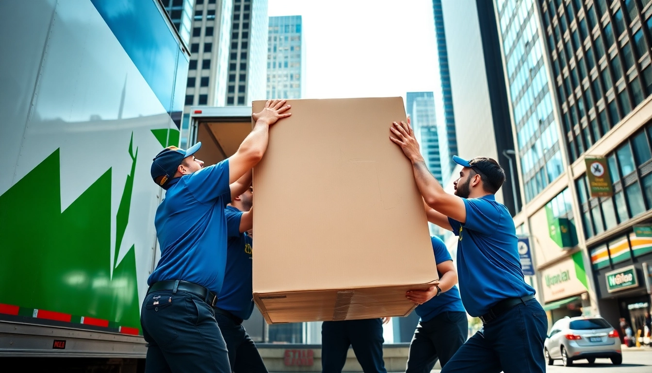 NYC movers diligently loading boxes into a moving truck amidst the New York City skyline.