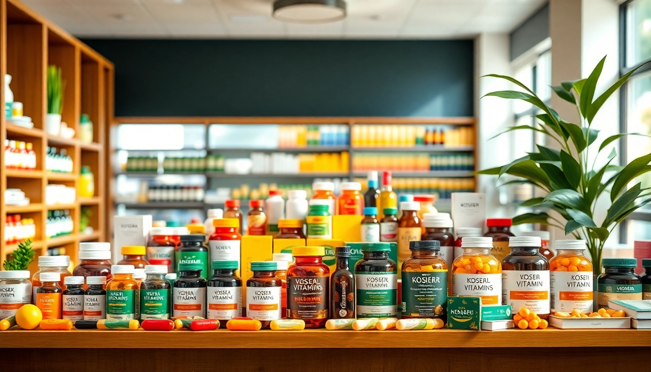 Showcasing a large variety of kosher vitamins in a well-lit pharmacy setting.