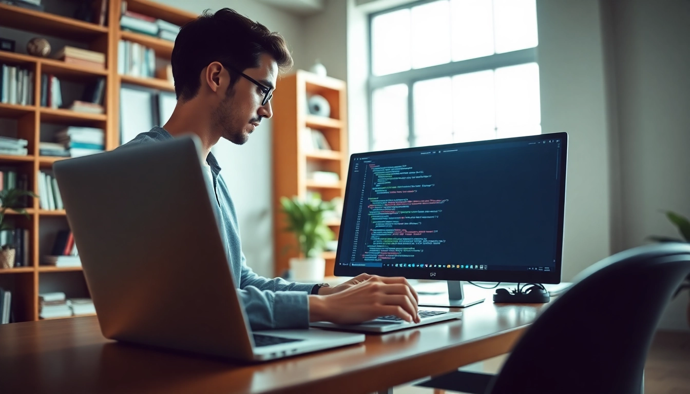 Hire a skilled wordpress developer near me working diligently on a laptop in a bright office.