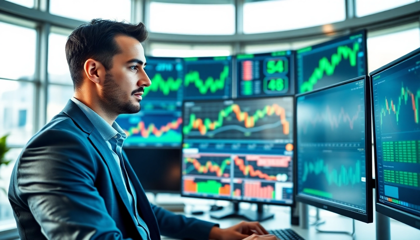 Engaged forex trading professional analyzing currency trends on multiple screens.