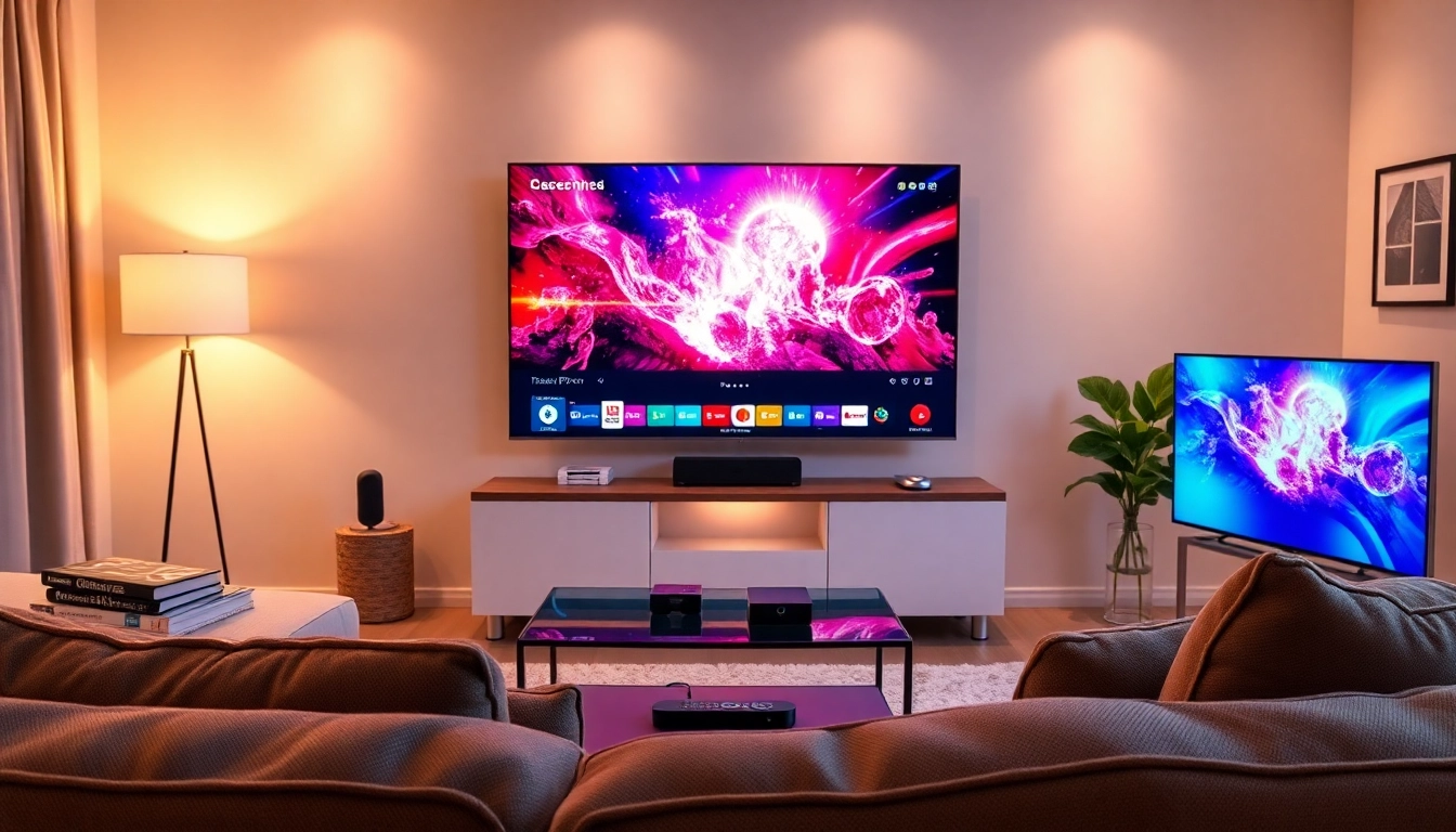 Comprar IPTV en un moderno entorno familiar con televisión 4K y ambiente acogedor.
