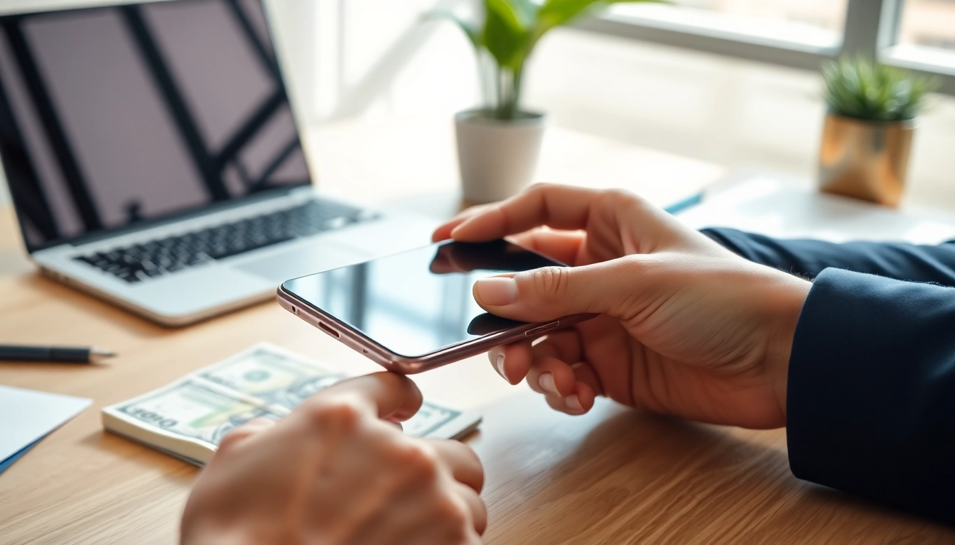 Reviewing cash for phone exchange on a modern desk with a smartphone and money.