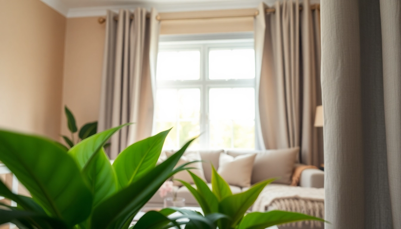 Gordijnvoering in een gezellige woonkamer toont luxe stof en zachte texturen.