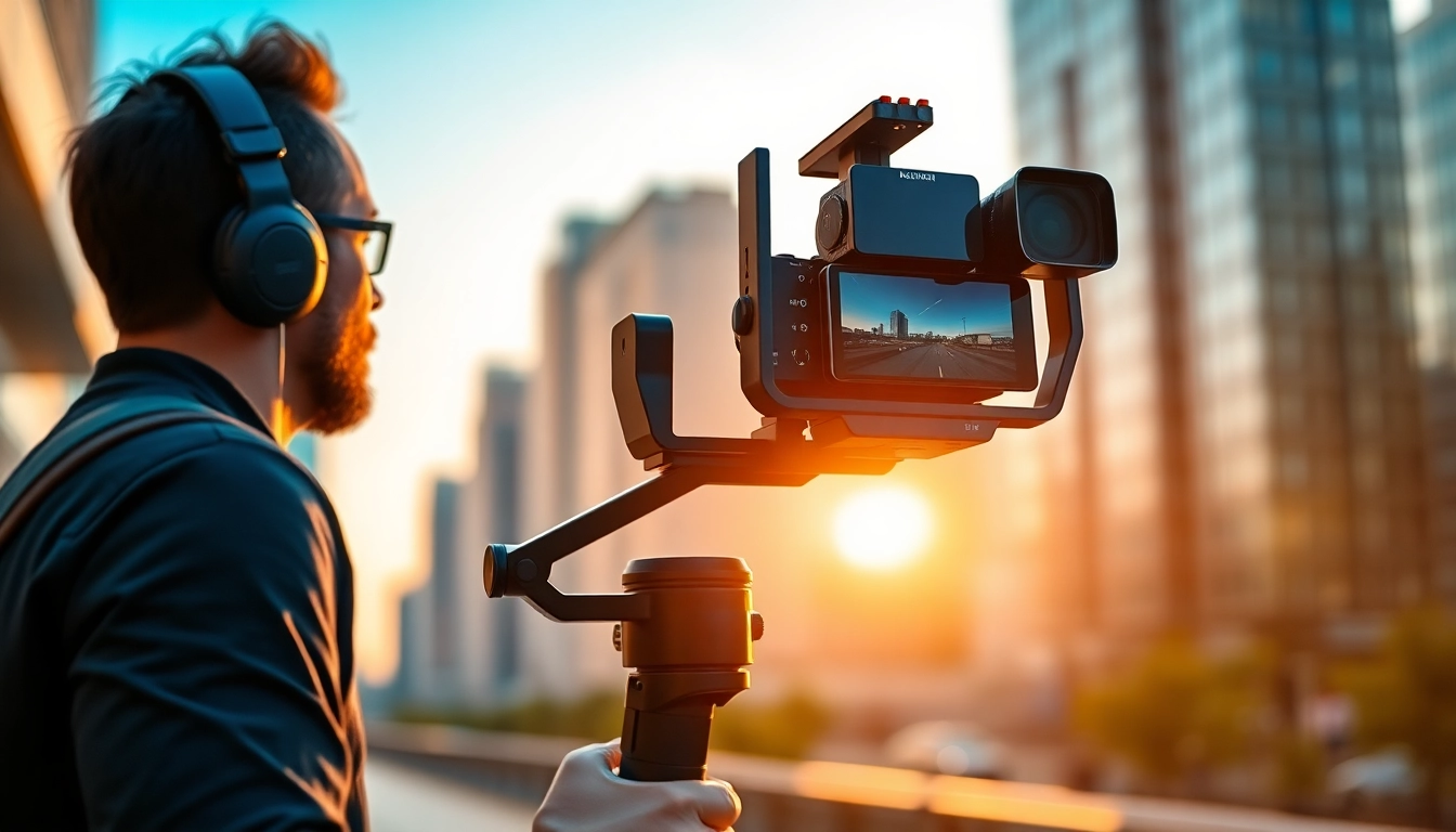 Filmmaker using a Camera Stabilizer for smooth video capture in an urban setting.