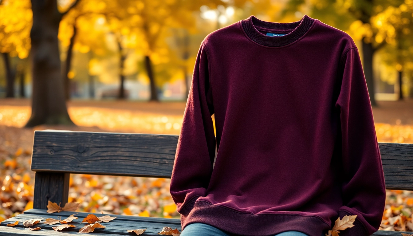 Showcasing a cozy crew neck sweatshirt with vibrant autumn leaves for a warm atmosphere.