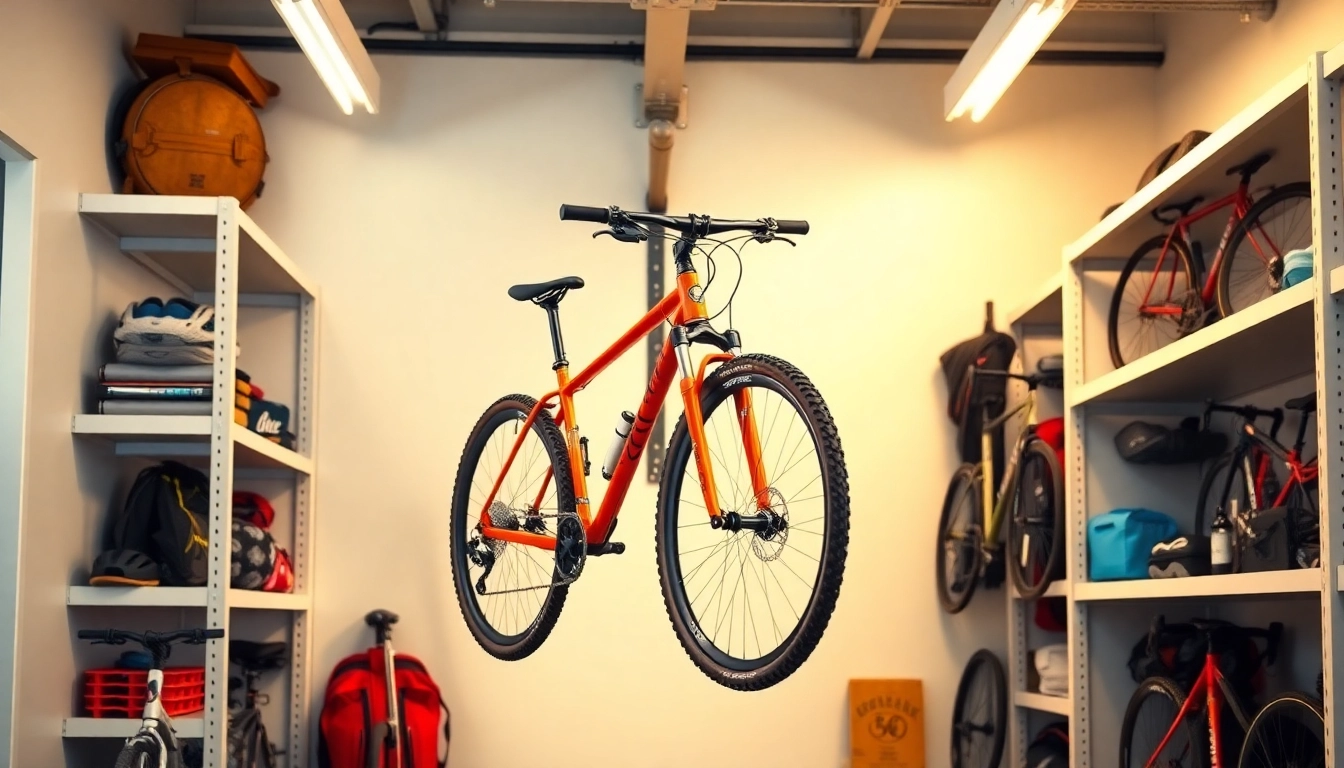 Showcasing a bike wall mount holding a mountain bike in a modern garage.