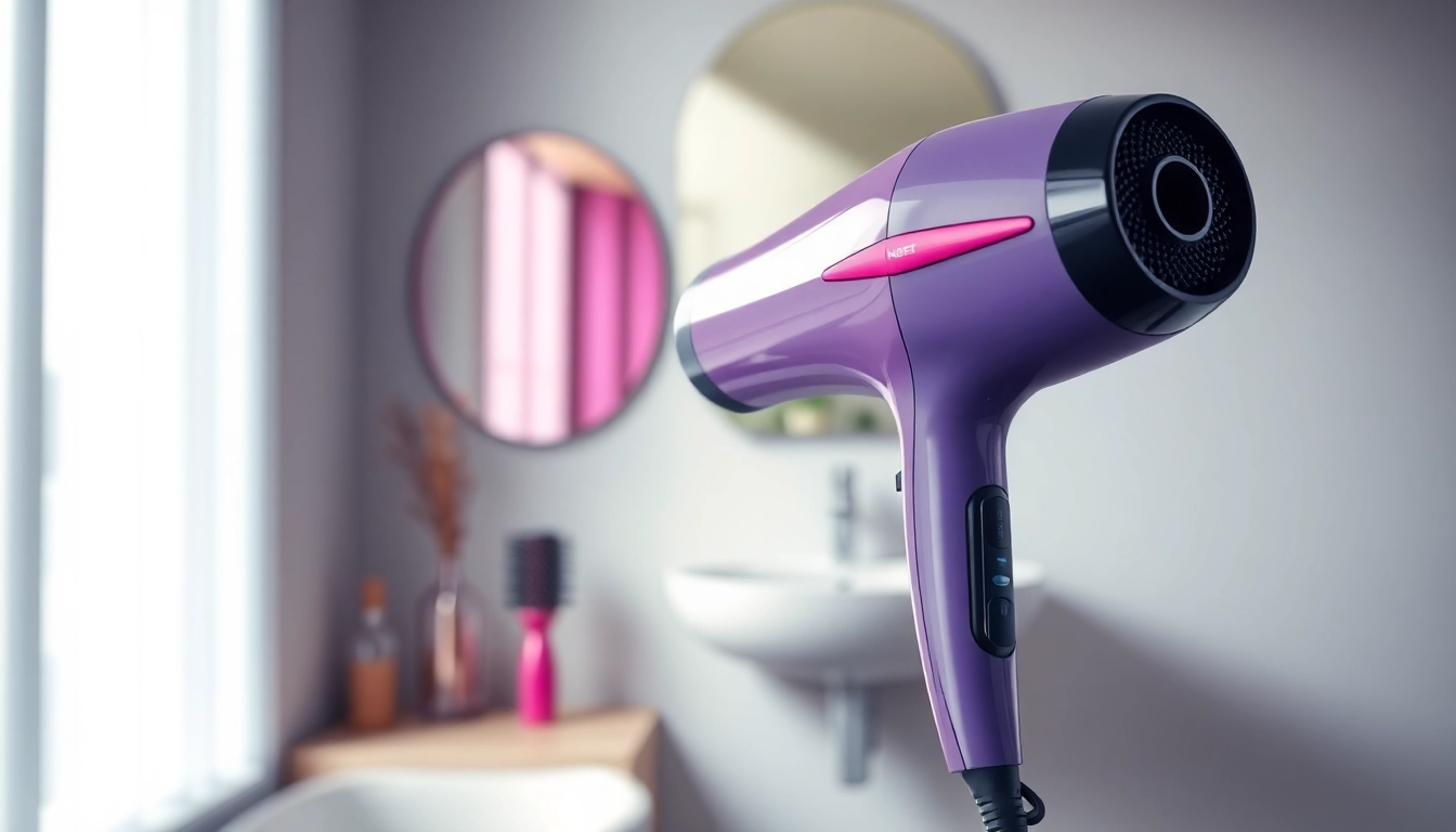 Showcase the best hair dryer with sleek design and vibrant colors in an elegant setting.