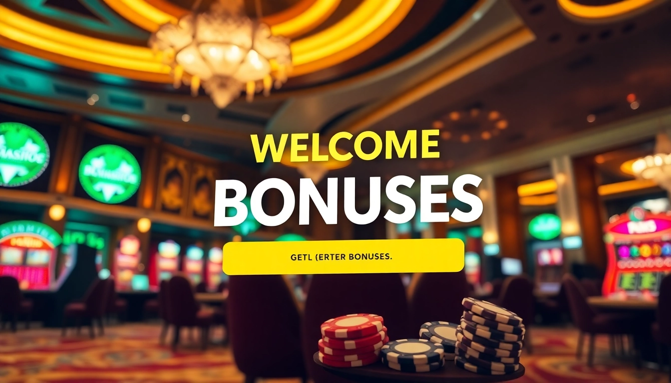 Highlighting Welcome Bonuses with vibrant promotions in an engaging casino setting.