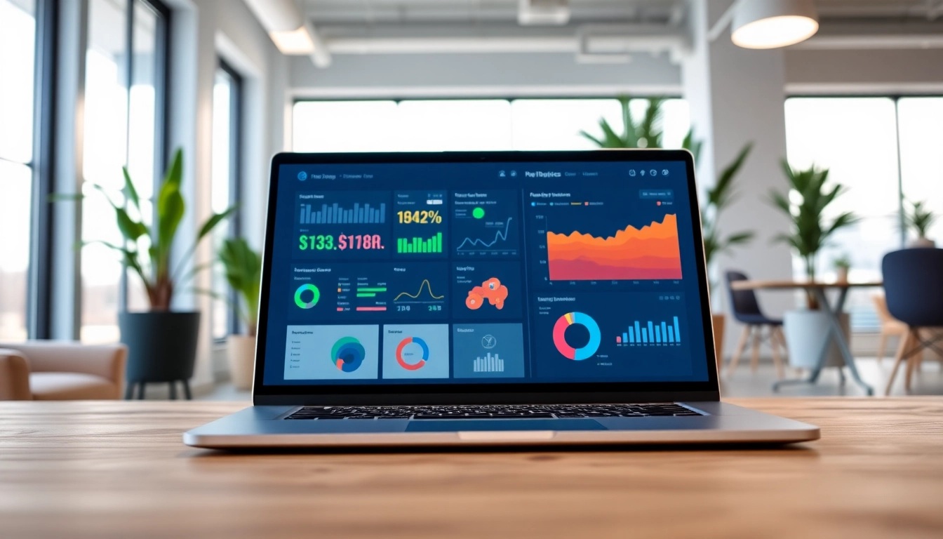 Utilizing all in one business software on a modern laptop in a bright office.