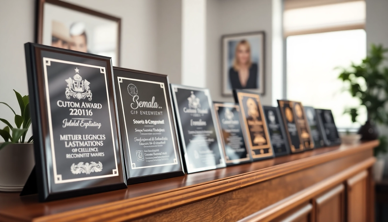 Showcase custom award plaques reflecting craftsmanship and recognition on a stylish office shelf.