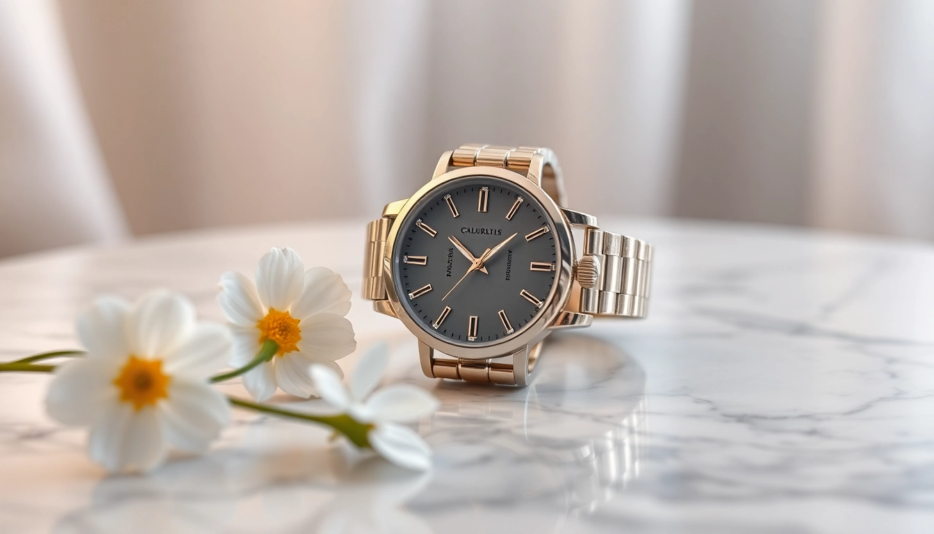 Damen Armbanduhren in eleganter Präsentation mit floralem Akzent und weicher Beleuchtung.