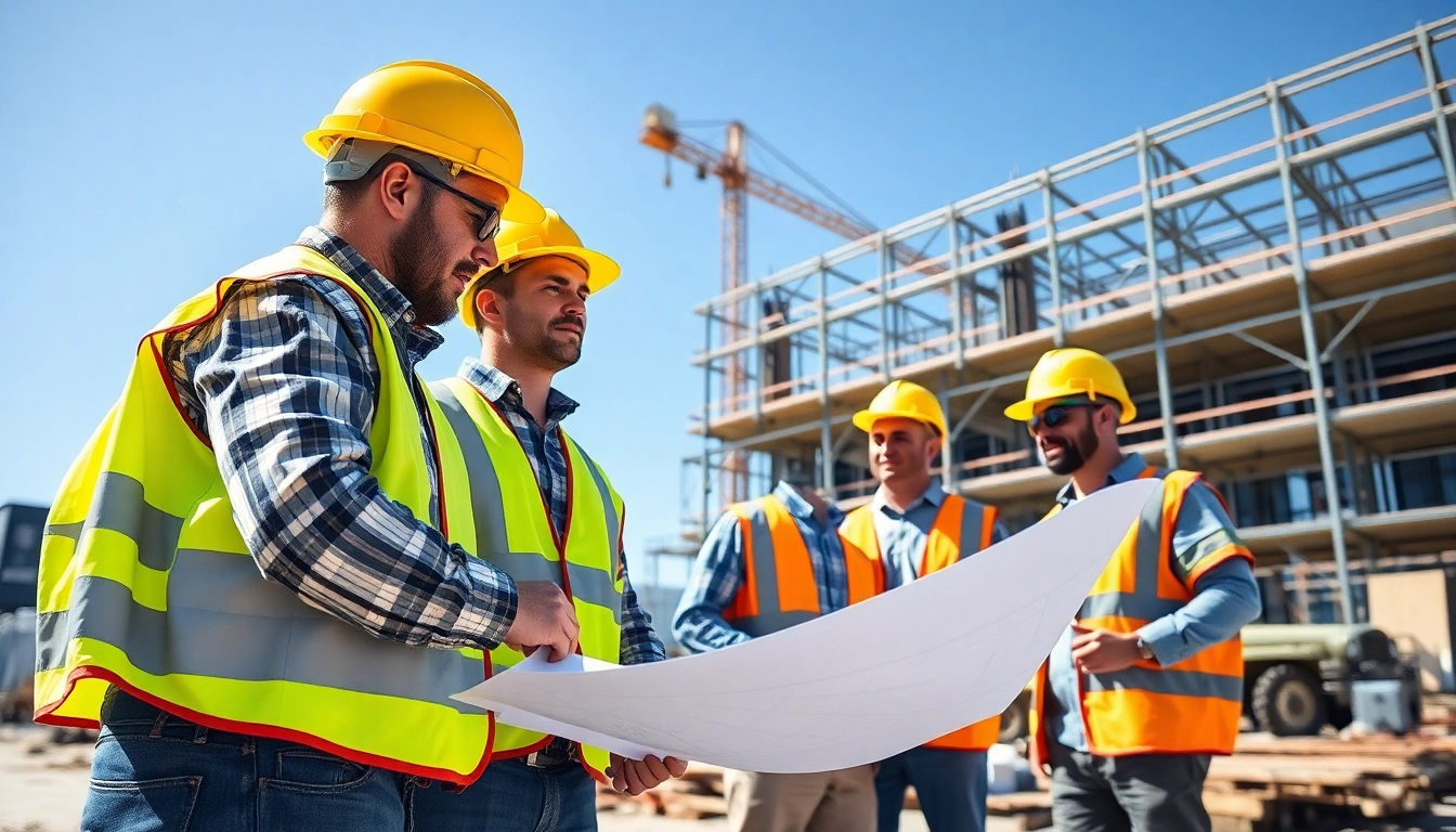 Construction collaboration by New Jersey Commercial General Contractor with vibrant safety gear and building materials.