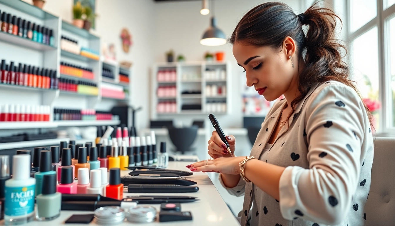 Explore our Nail Course where a professional demonstrates nail art techniques in a vibrant studio.