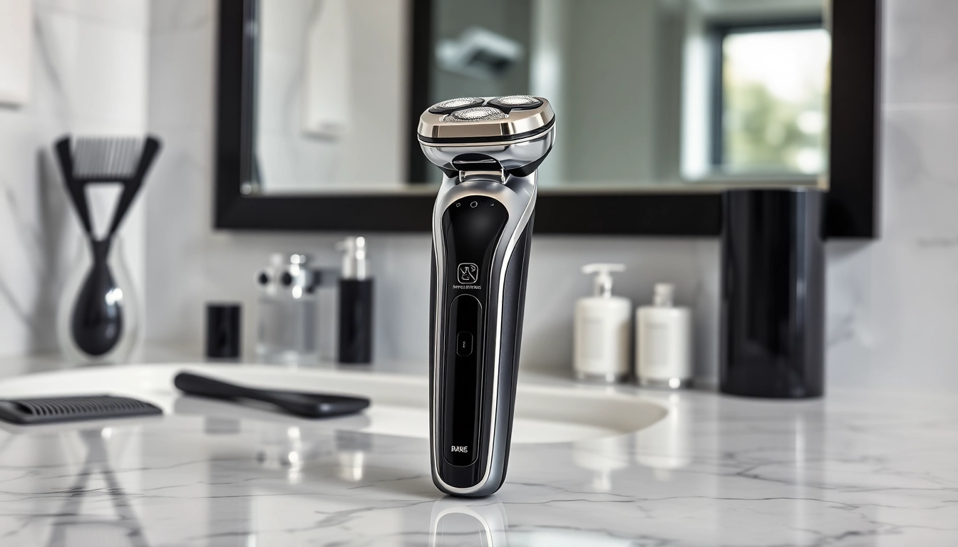 Using the electric shaver for men on a marble countertop, showcasing modern grooming.