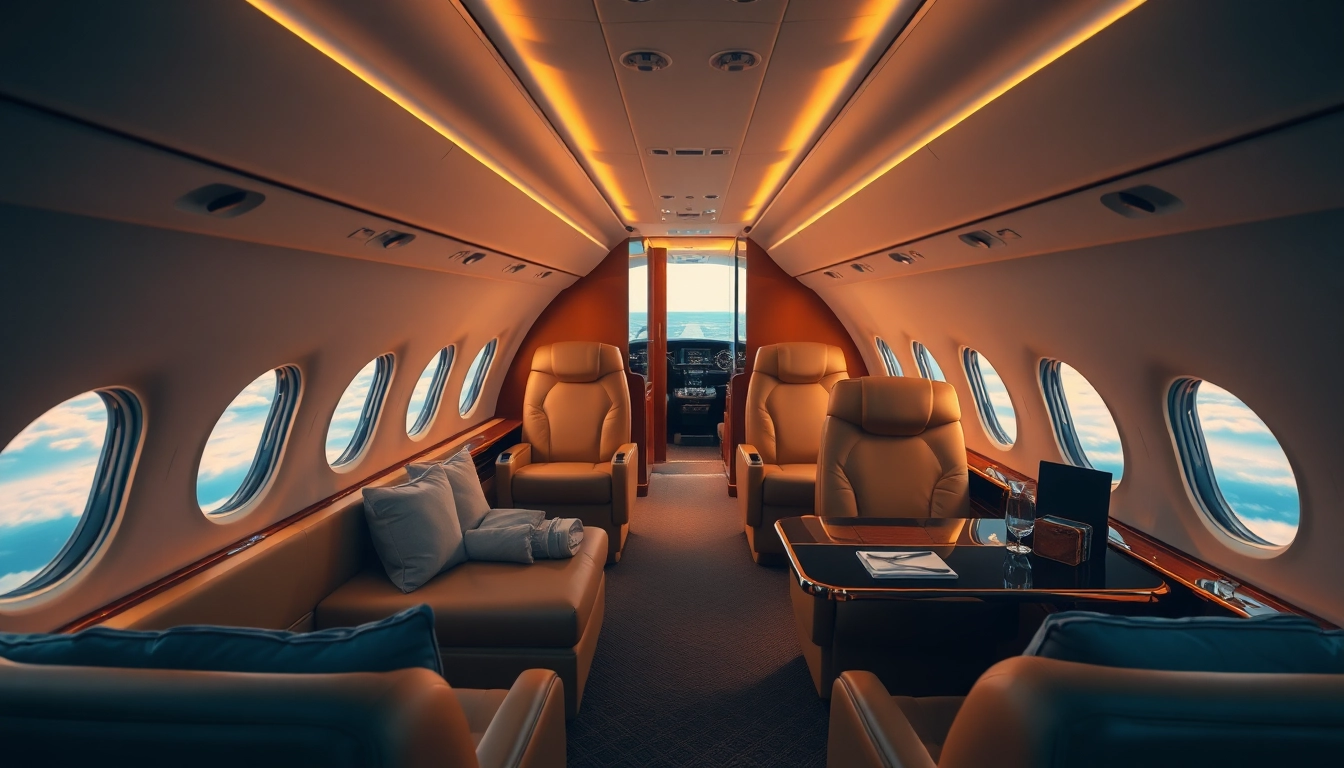 Book Luxury Private Jets Across USA, showcasing plush interior and scenic sky views.