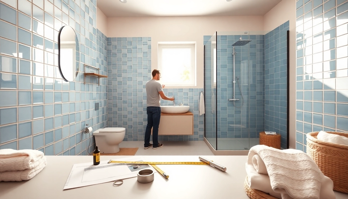 Tradesperson performing a bathroom install bristol highlighted with modern fixtures and tools.