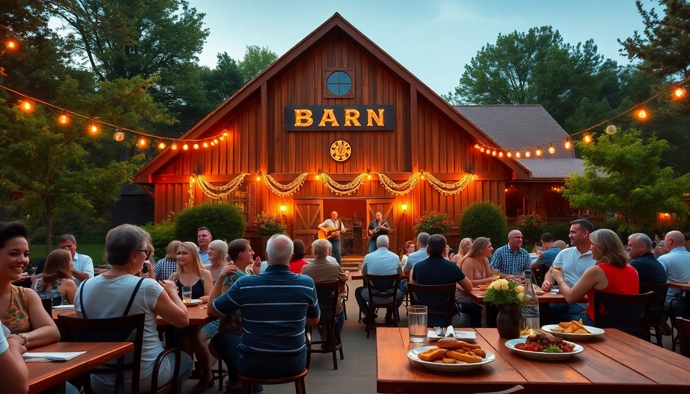 Guests enjoying live entertainment at Firelight Barn during a BBQ dinner, showcasing family-friendly atmosphere.