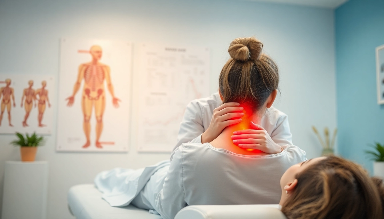 Engaging physiotherapist performing neck pain treatment with patient in a clinical setting.