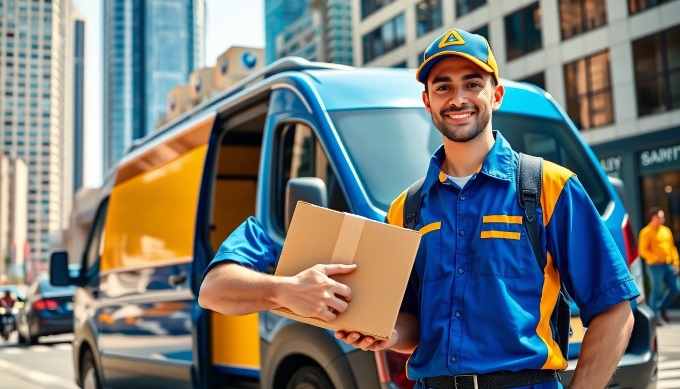 Dynamic courier delivering packages in an urban environment, showcasing reliability and professionalism.