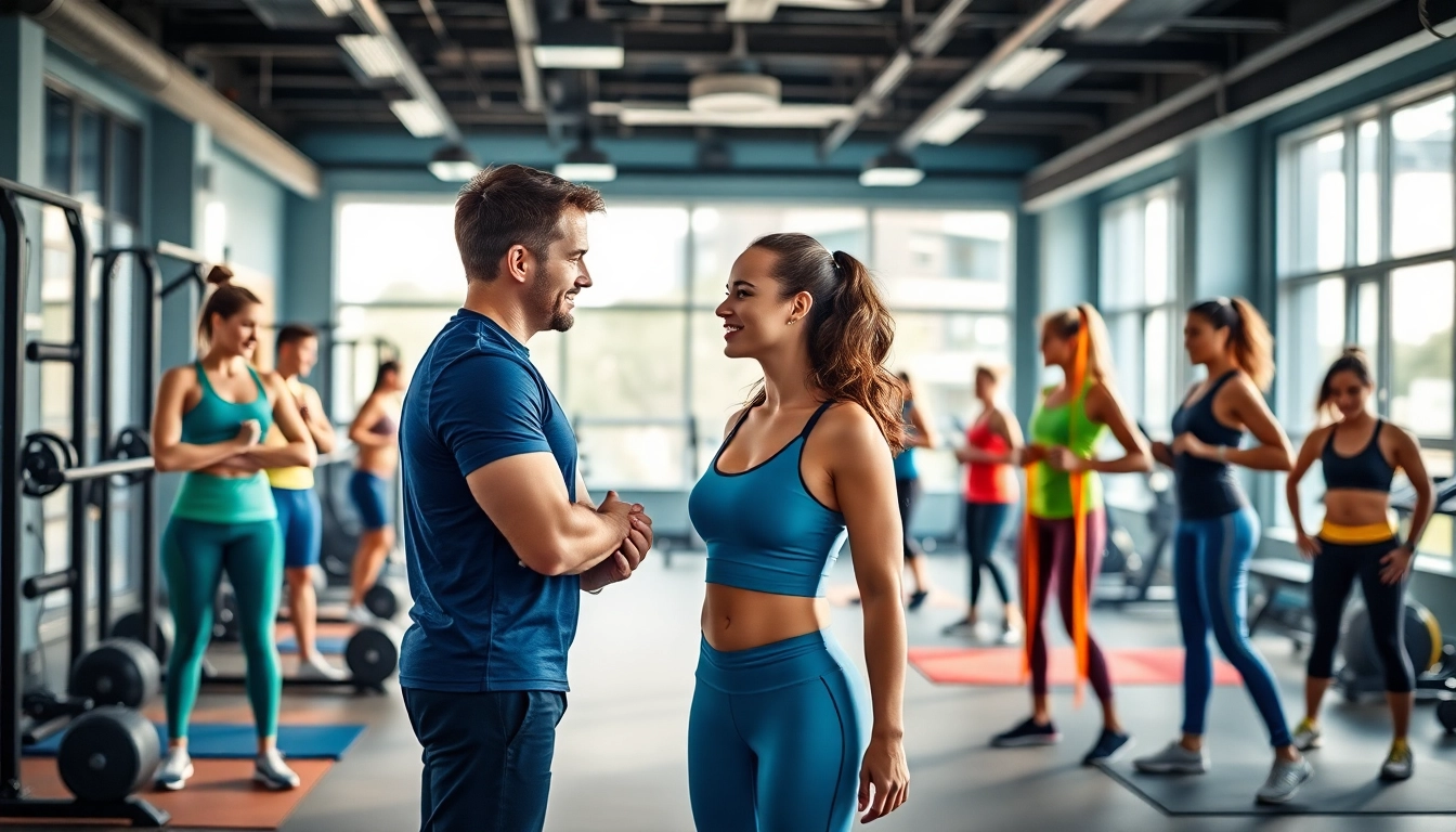 Personal Trainer in Sevenoaks guiding a diverse group in a lively gym with modern equipment.