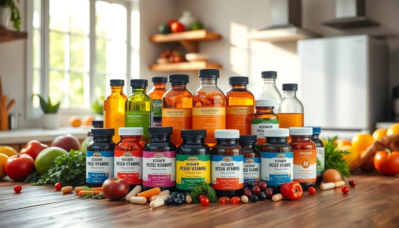 Showcasing a large variety of kosher vitamins with colorful bottles and fresh fruits.