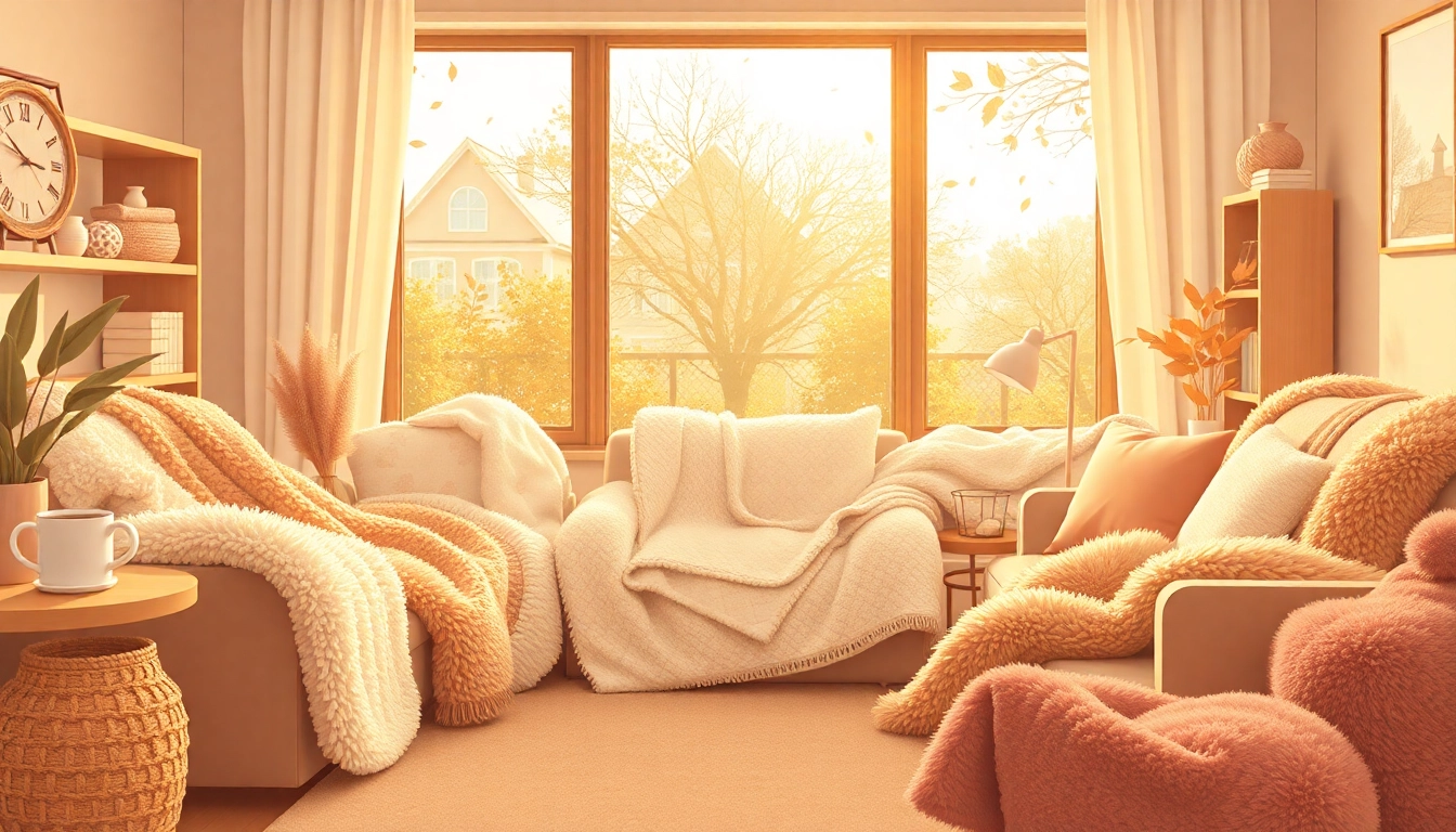 Fleece stoffen in een gezellige woonkamer met warme kleuren en texturen.