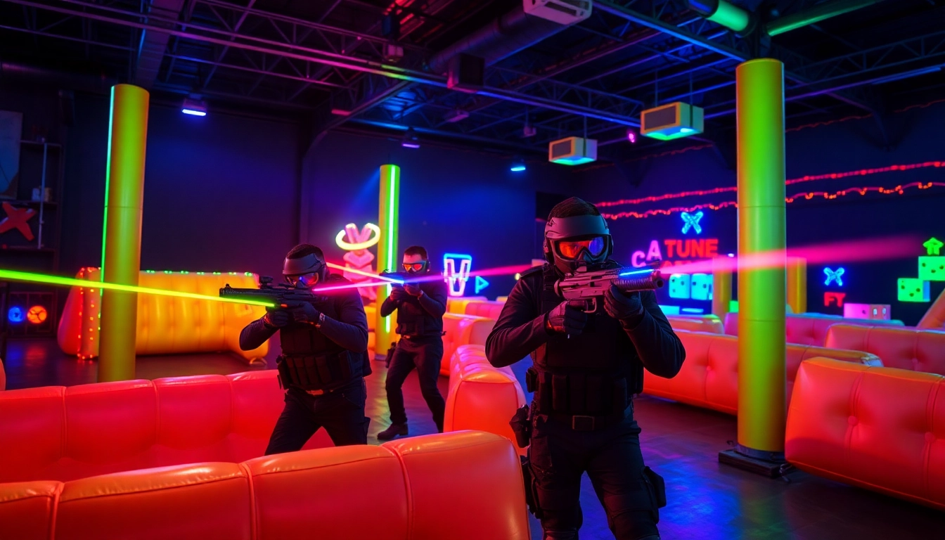 Players engaged in an exciting laser tag match within a vibrant arena filled with neon lights.