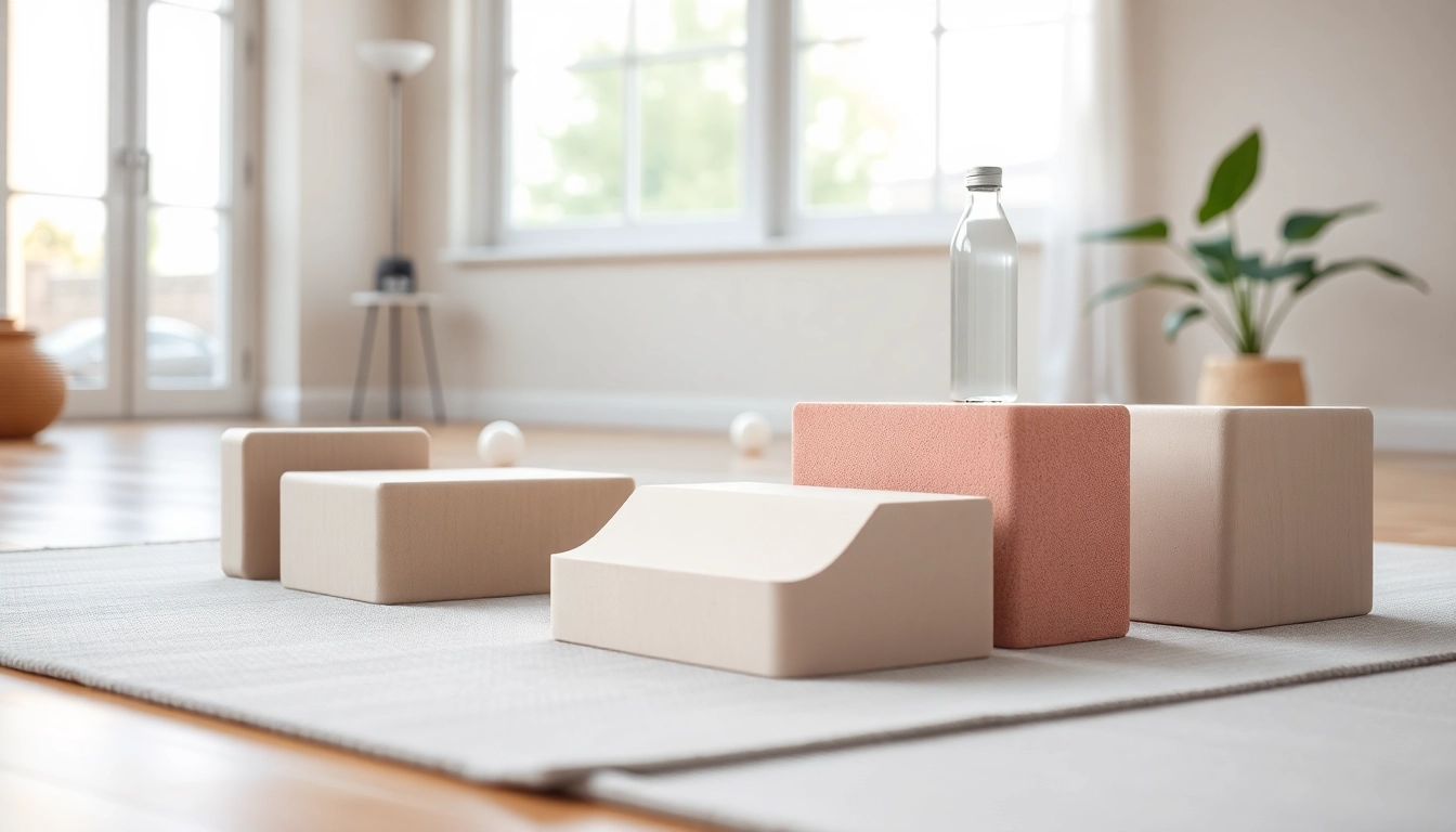Buy yoga blocks online, beautifully arranged with calming colors and textures in a peaceful studio setting.