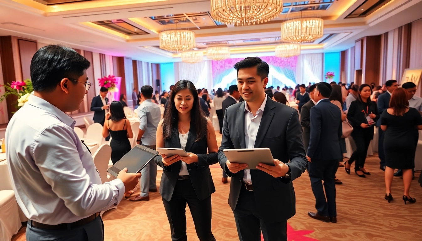 Event planners Singapore coordinating a corporate event with guests in a refined setting.
